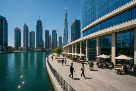 A sunny day view of a waterfront promenade in Dubai with people walking and sitting at outdoor cafes, featuring the iconic Burj Khalifa and modern skyscrapers in the background.