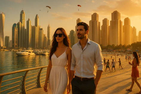 Couple walks along a golden lit waterfront promenade overlooking a city skyline of skyscrapers, yachts in a marina, and a beach with people playing volleyball under paragliders.