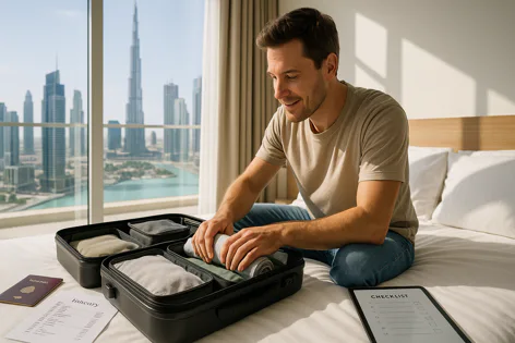 A man smiles as he neatly packs clothes into a suitcase with compartments on a hotel bed, with a passport and checklist visible, overlooking a modern city skyline.