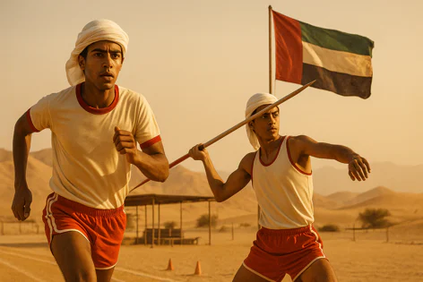 Two young athletes in vintage uniforms compete in desert. One runs, the other prepares to throw javelin with UAE flag in background.