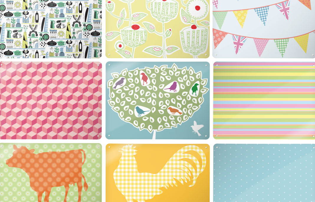 A montage of colourful Beyond the Fridge magnetic board designs. Including repeat patterns and illustrations.