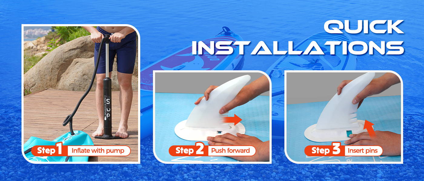Beginner paddle board support quick installations: inflate your iSUP board with pump, push fins forward, insert fin pins
