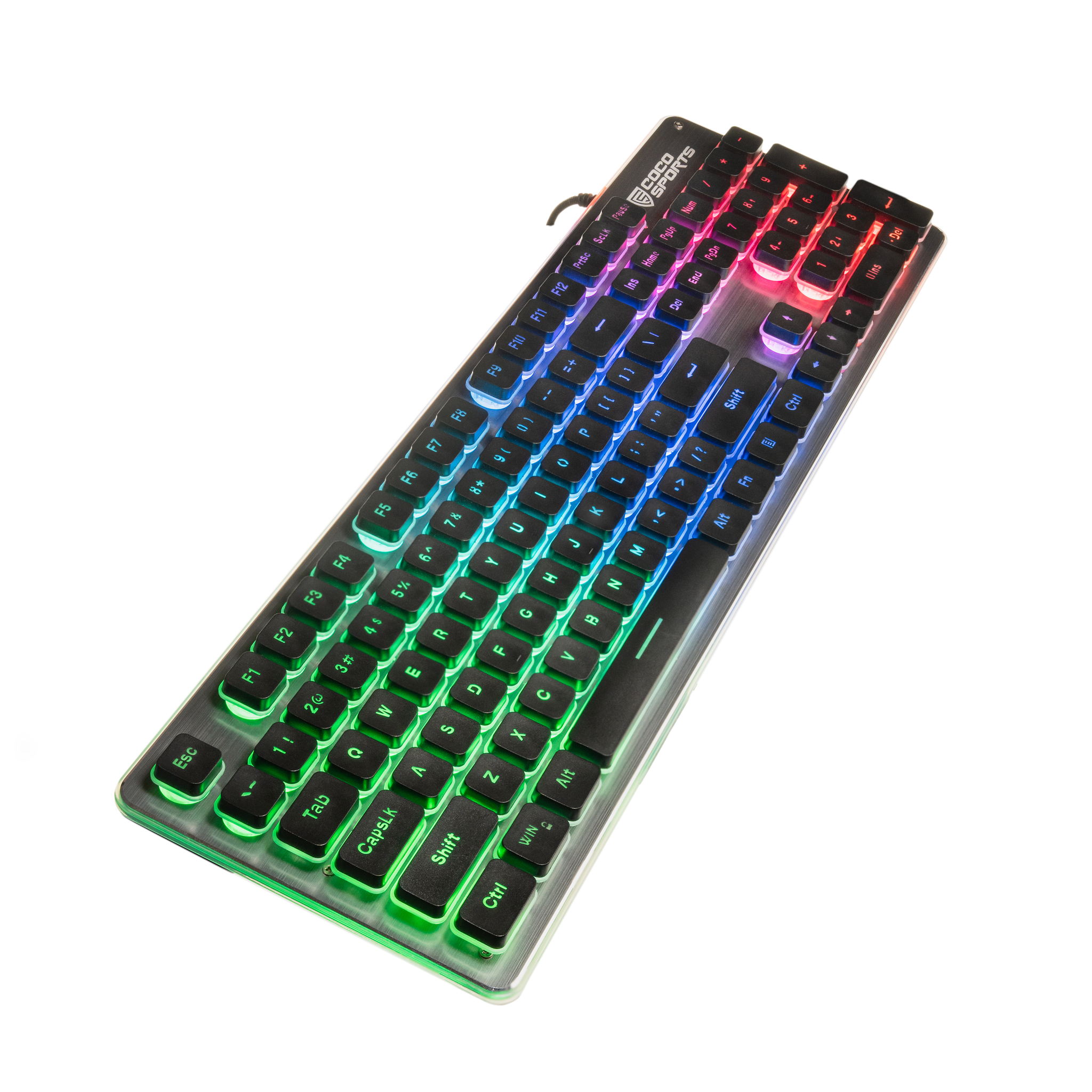 Black keyboard with rainbow LED backlight on a white background