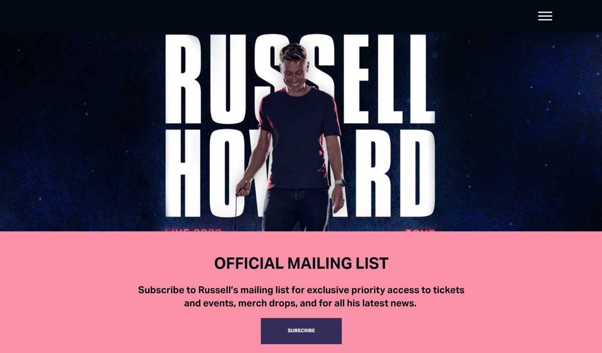Screenshot of Russell Howard, from the stand-up comedian websites collection.