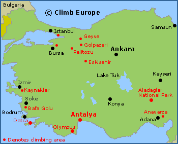 Map of the main rock climbing areas in Western Turkey