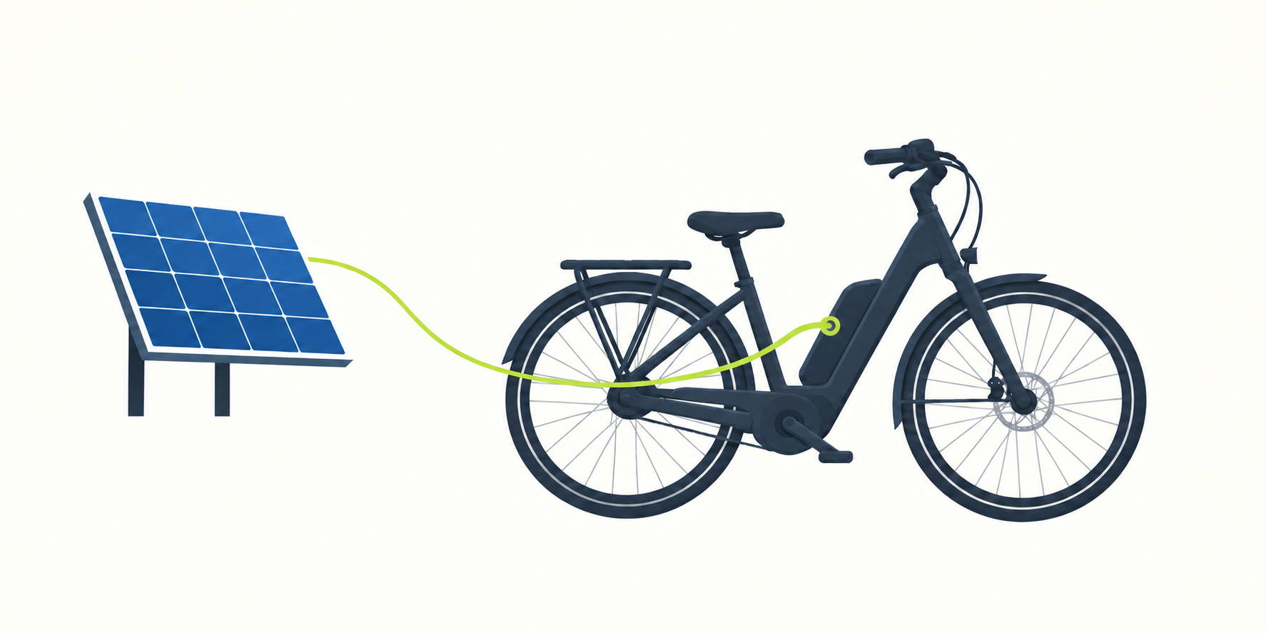 Minimalistische illustratie van een elektrische fiets die via een groene energielijn wordt opgeladen met een blauw zonnepaneel.