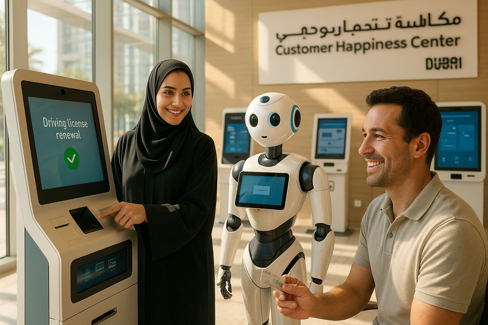 A woman wearing a hijab and a man are assisted by a humanoid robot at a kiosk displaying "Driving license renewal" in a Dubai Customer Happiness Center.
