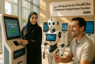 A woman wearing a hijab and a man are assisted by a humanoid robot at a kiosk displaying "Driving license renewal" in a Dubai Customer Happiness Center.