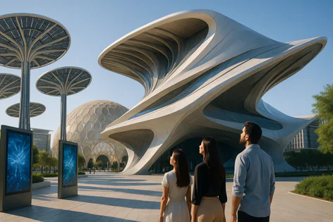 People admire modern architecture in a futuristic setting with a flowing building, patterned dome, abstract trees, and digital screens under a clear sky.