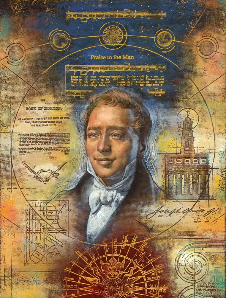 LDS art painting of Joseph Smith, surrounded by hymn lyrics, documents, and temple architecture.