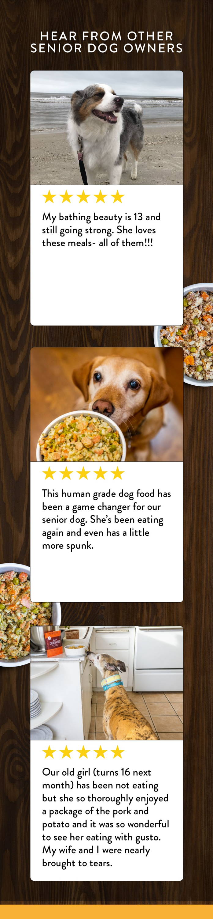 Testimonials from senior dog owners who love Portland Pet Food.