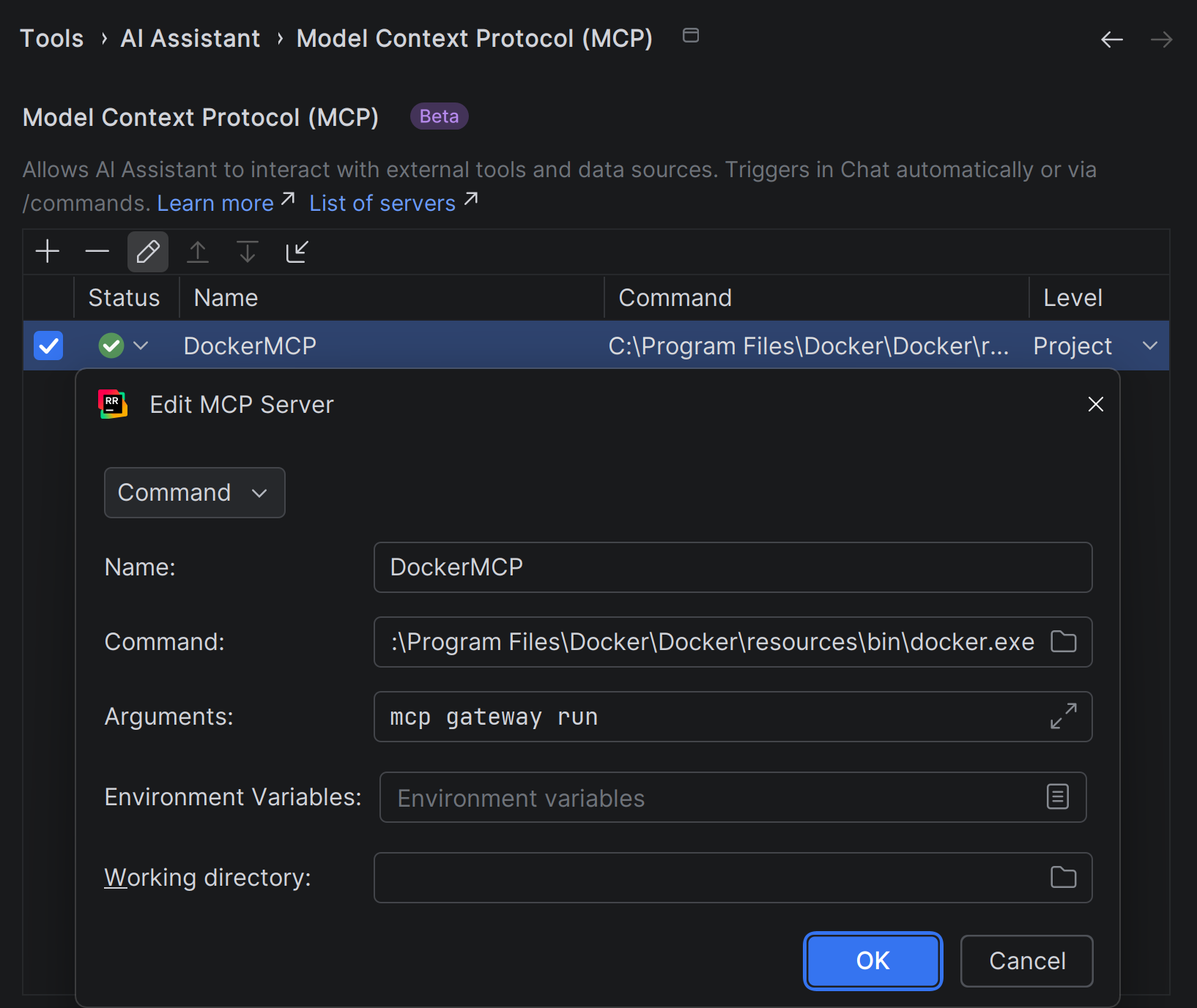 Adding Docker MCP server with docker mcp gateway rum