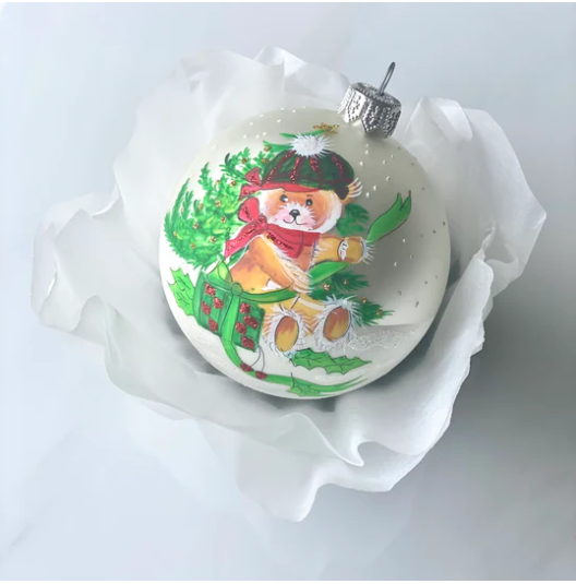 Teddy’s Christmas Joy - Hand-Painted Cream Bauble