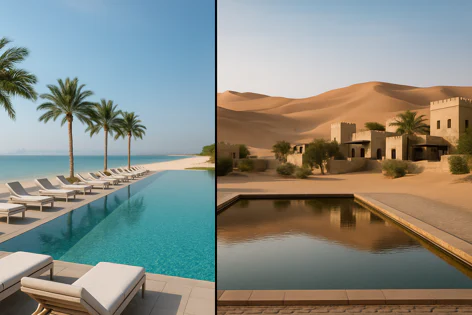 A split image showing a serene beachfront infinity pool with lounge chairs and palm trees next to a desert resort with a pool reflecting sand dunes.