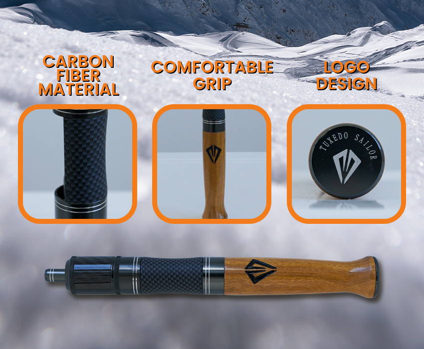 Product details display: carbon fiber material, comfortable grip, logo design