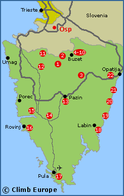 Map of the rock climbing areas in Istria, northern Croatia