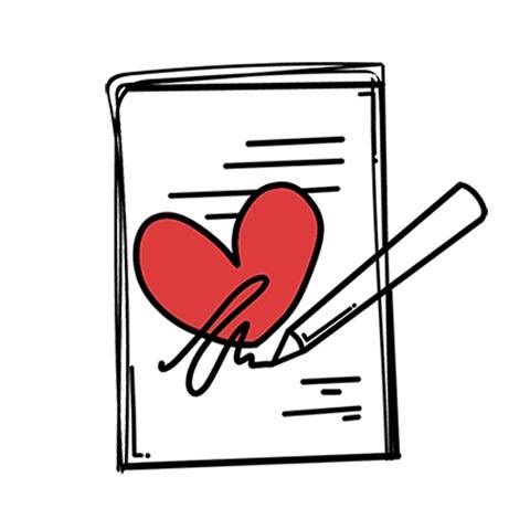 Line drawing of pencil signing paper with red heart in the middle