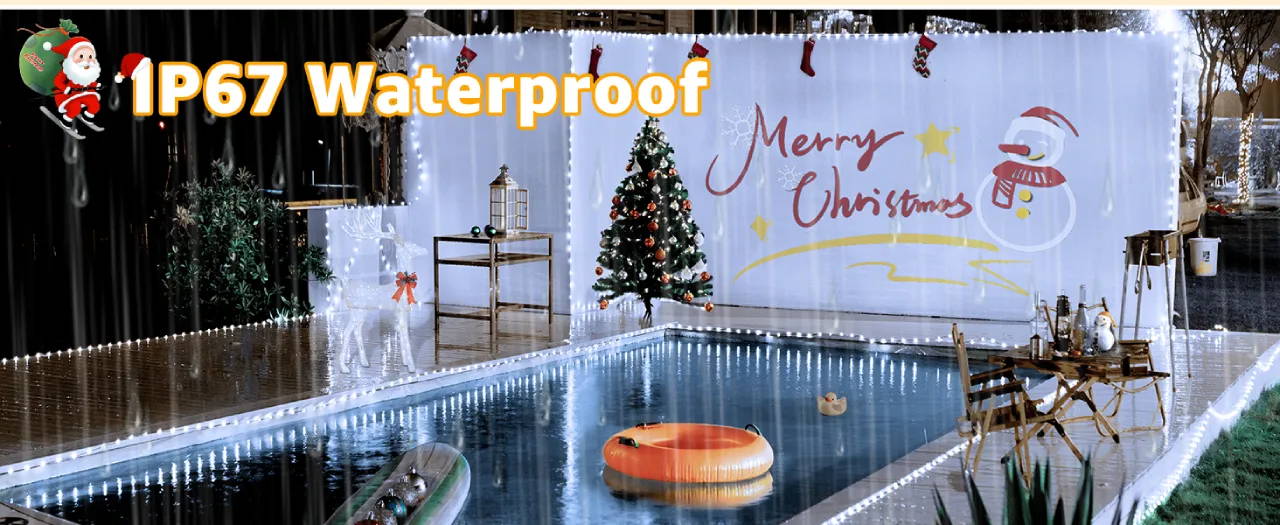 Features of Ollny's 800 leds clear cable cool white string lights - desktop size