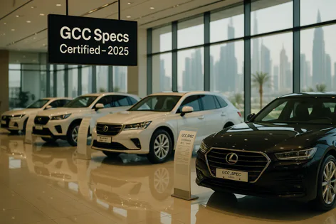 Multiple cars displayed in a showroom under a 'GCC Specs Certified - 2025' sign. Features white SUVs and a black sedan with a city skyline visible through windows.