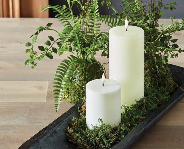 Ivory Pillar Candles in Black Carved Tray with Moss and Fern