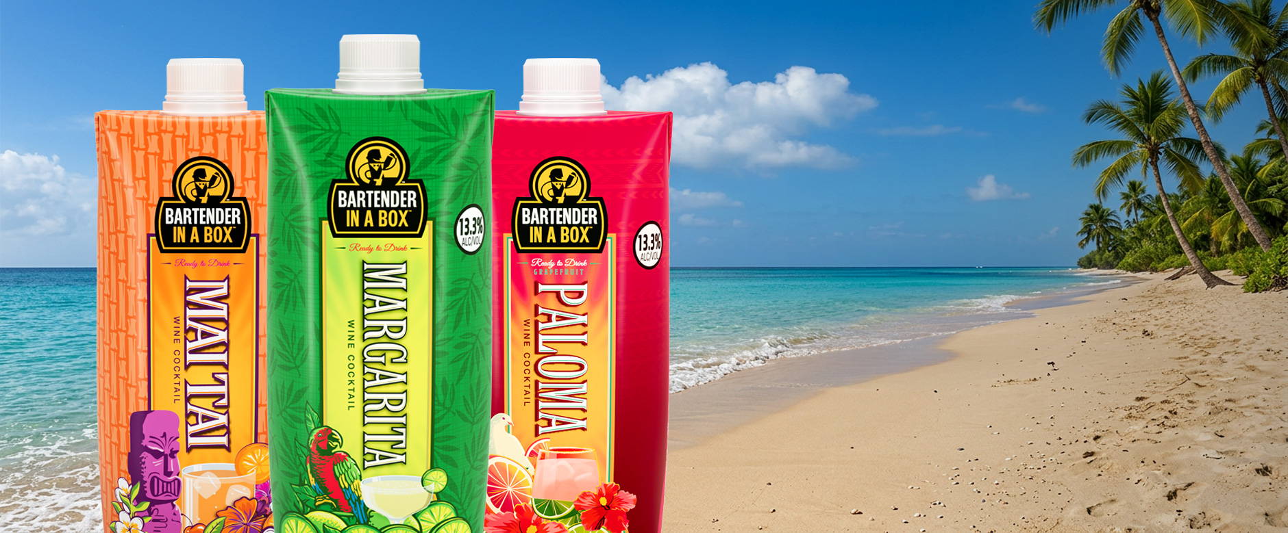 Bartender In A Box Mai Tai, Margarita and Paloma 500ml cocktail boxes on a tropical beach