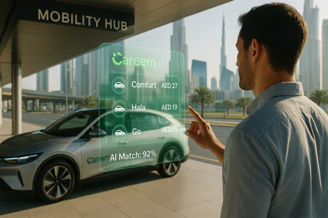 Man interacting with a holographic Careem ride booking interface at a Mobility Hub in Dubai, showing car options and prices.