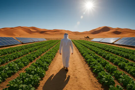 Person in traditional Arabic clothing walks through rows of green crops in a desert with solar panels and sand dunes. A camel is in the distance under a bright sun.