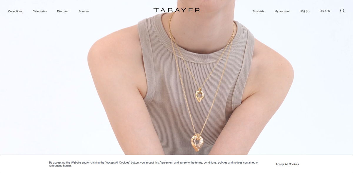 Screenshot of Tabayer , from the shopify jewelry stores collection.