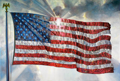 Painting of the American flag made up of smaller photos of individuals.