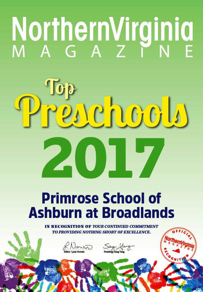 Poster of the Primrose school being awarded the title of the top preschool by Northern Virginia magazine