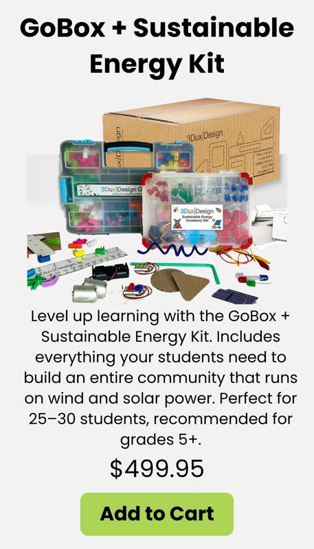 The GoBox + Sustainable Energy Kit includes wind and solar power components plus 400+ connectors and 500+ cardboard shapes for hands-on STEM engineering. Students design and build renewable-energy communities while learning circuits sustainability problem solving and real-world applications. Ideal for grades 5+ for classrooms and makerspaces with materials for 25–30 students and an All Access Pass for project-based learning challenges.