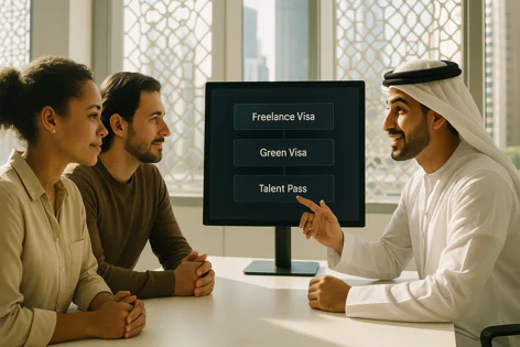 A man in traditional Middle Eastern dress points to a computer screen showing Freelance Visa, Green Visa, Talent Pass options as two people watch in an office.