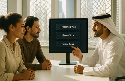 A man in traditional Middle Eastern dress points to a computer screen showing Freelance Visa, Green Visa, Talent Pass options as two people watch in an office.