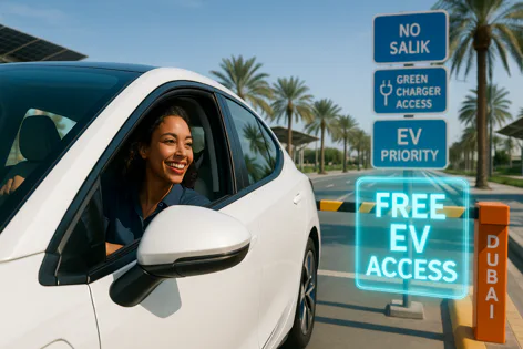 Smiling woman driver in a white EV entering an access gate in Dubai. Signs indicate free EV access, green charger access, and EV priority, with palm trees and solar panels visible.