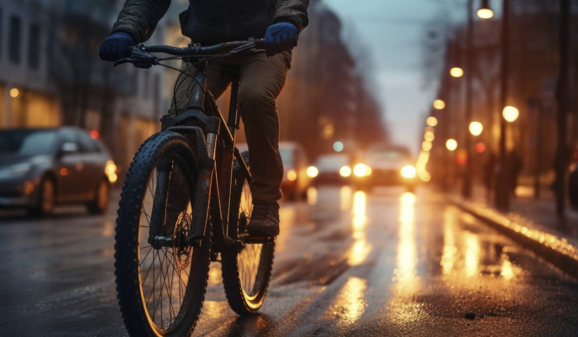 Un homme fait du vélo électrique en hivers en prenant des précautions
