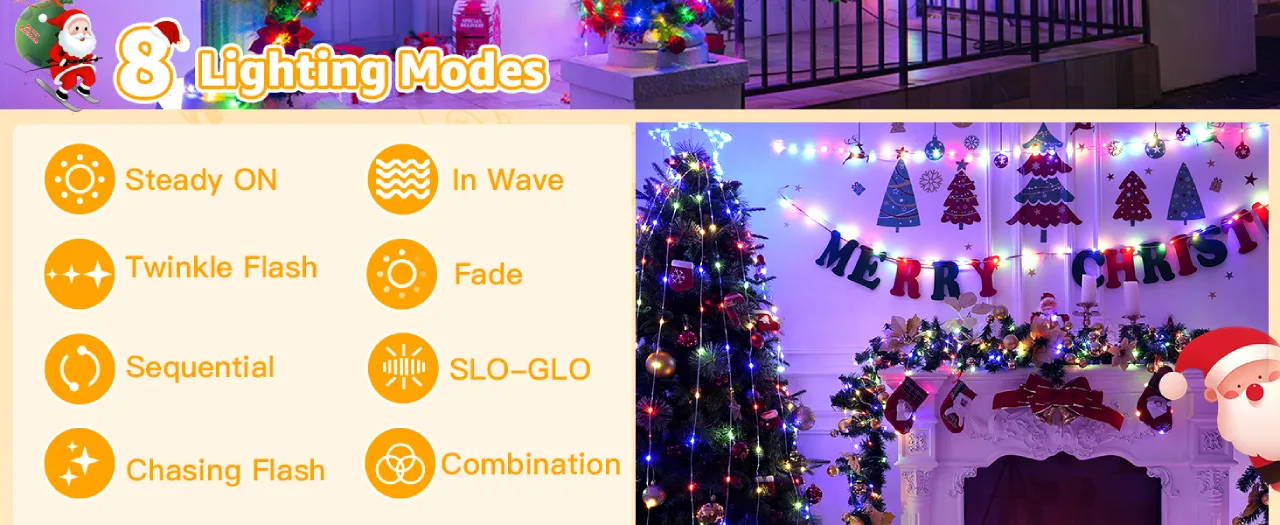 Features of Ollny's 800 leds clear cable cool white string lights - desktop size