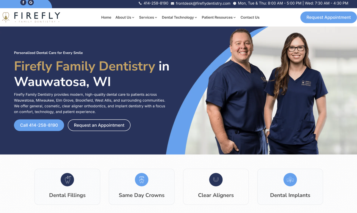 Screenshot of Firefly Family Dentistry, from the dentist websites collection.