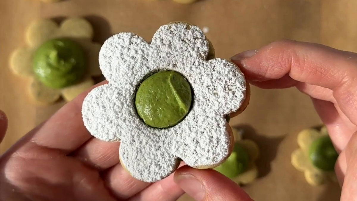 image of a baked linzer matcha biscuit. 