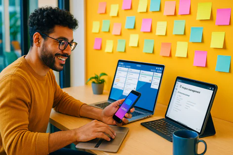 Smiling man working at a desk with laptop, tablet showing project management, and smartphone. Yellow wall behind has colorful sticky notes for planning.