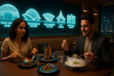 A couple enjoys a creative dinner in a restaurant with neon outlines of Expo 2020 Dubai pavilions displayed on the wall behind them.