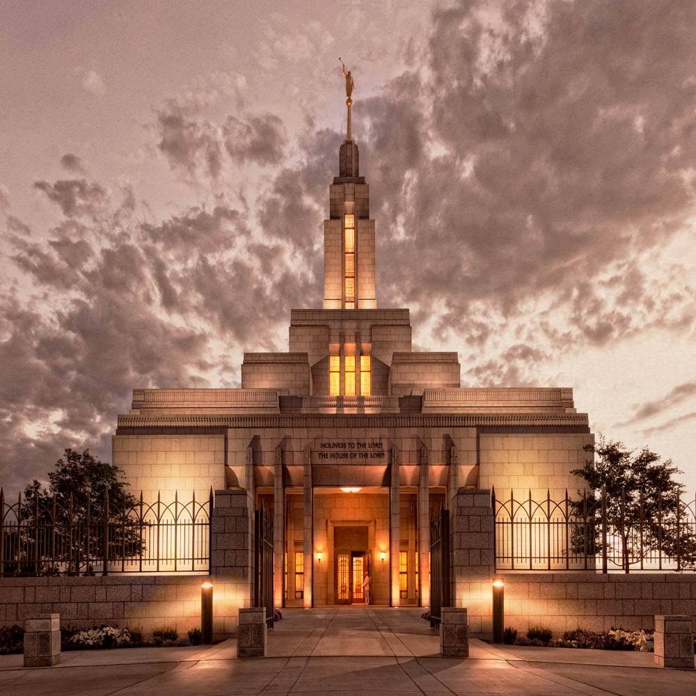 Photo of Draper Utah LDS Temple entrance in the evening. 