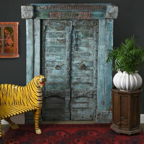 Antique painted Indian salvaged door & frame from Gujarat