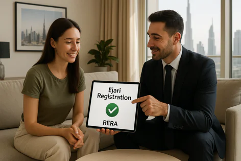 A man in a suit points to Ejari Registration and RERA details on a tablet screen for a smiling woman in a room with a Dubai skyline view.