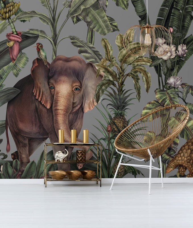 Grey & Green Tropical Elephant Wallpaper Mural hero image