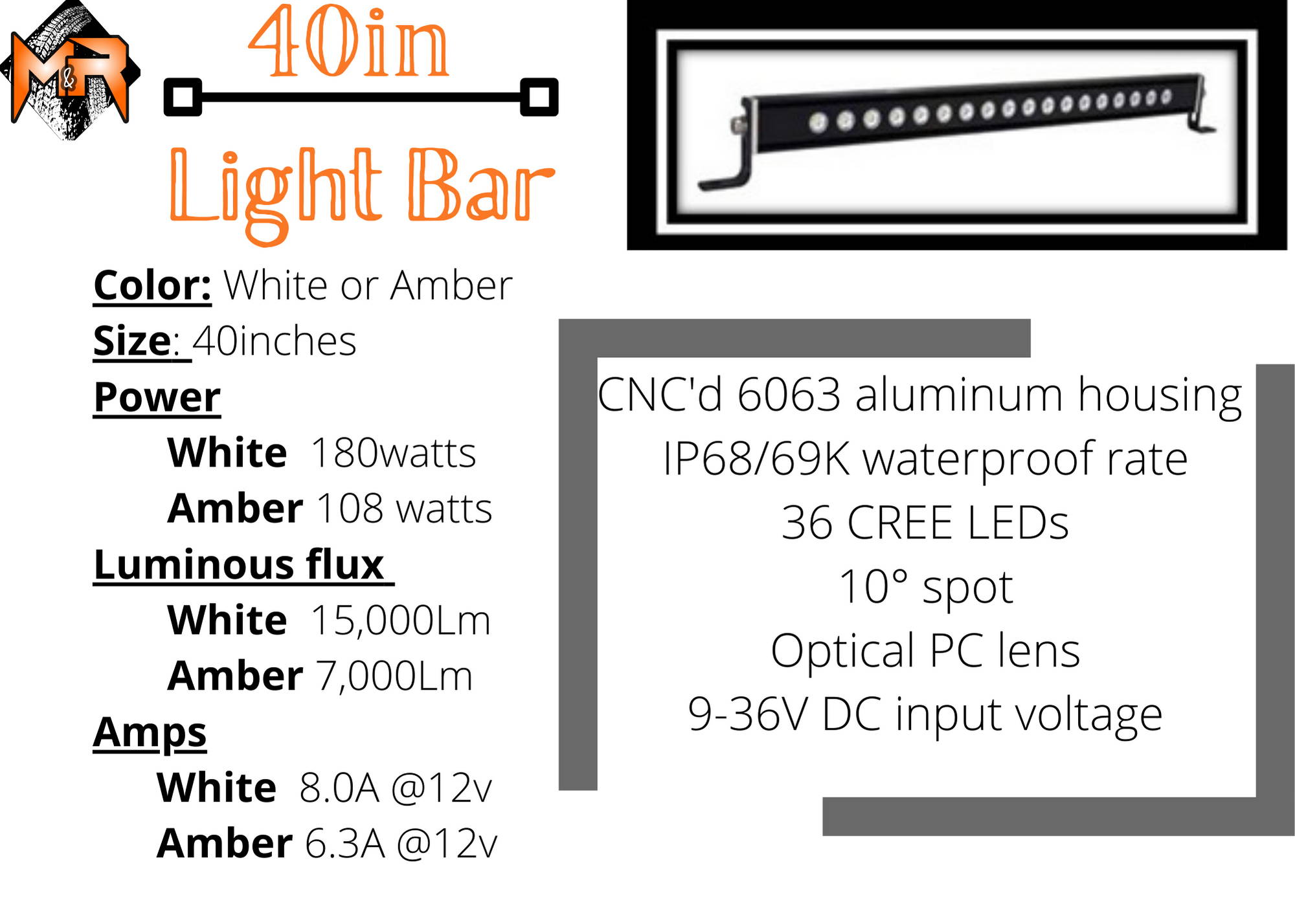 m&R automotive 30in light bar dimensions and details color white and amber