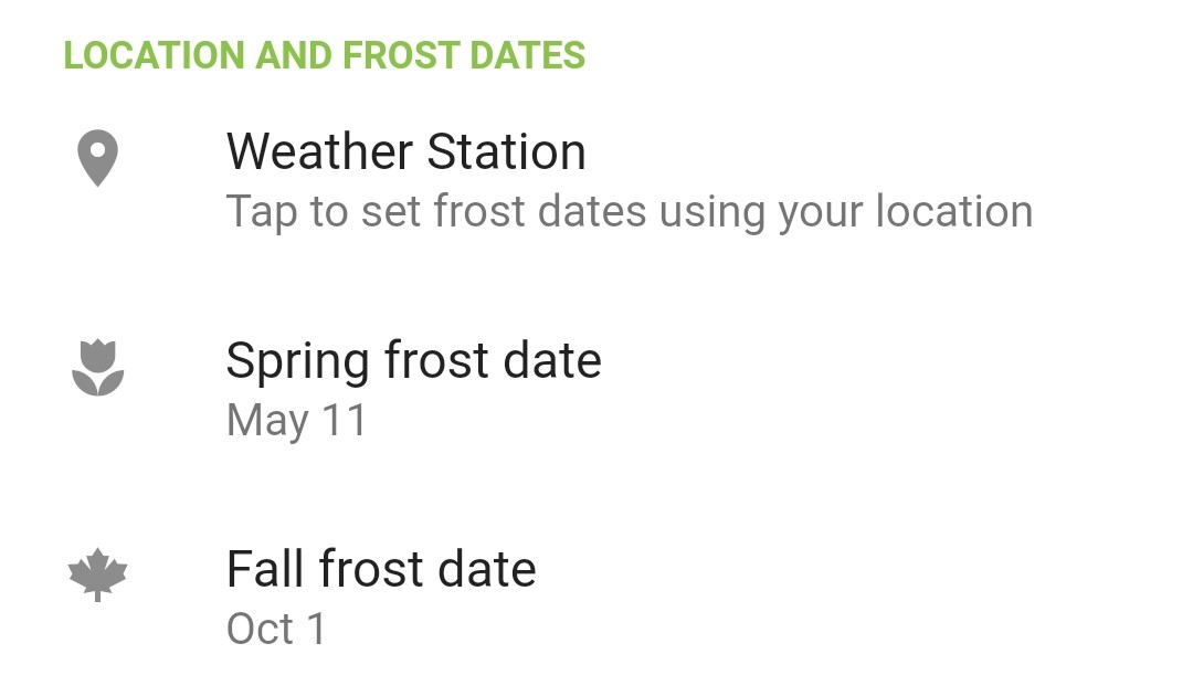 Screenshot of frost dates in Planter
