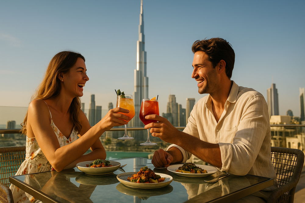 Smiling couple making a toast with cocktails during a rooftop dinner overlooking the Burj Khalifa and Dubai skyline at sunset. Plates of food are on the table.
