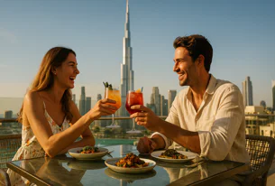 Smiling couple making a toast with cocktails during a rooftop dinner overlooking the Burj Khalifa and Dubai skyline at sunset. Plates of food are on the table.
