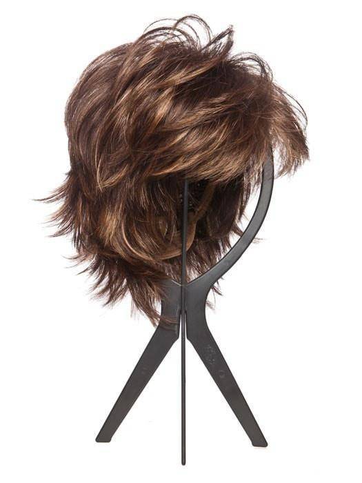 Short brunette wig on a wig stand. 