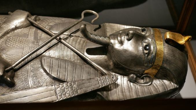 Cairo, Egypt - 09.28.2022Solid silver sarcophagus of the ancient Egyptian Late period Pharaoh Psusennes I discovered at the site of ancient Tanis on display at the Egyptian Museum
